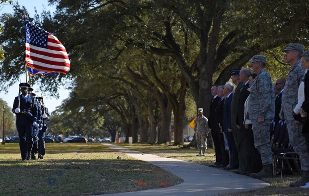 A building dedication and cake cutting ceremony takes place at the 8th Air Force headquarters building on Barksdale Air Force Base, La., Feb. 2, 2017. The event took place as part of the 8th Air Force’s 75th diamond anniversary events. Other events, such as a memorial run, all-bomber flyover, and a local community-sponsored gala were held to commemorate and celebrate the past, present and future Airmen of the “Mighty Eighth.” (U.S. Air Force photo by Senior Airman Erin Trower)