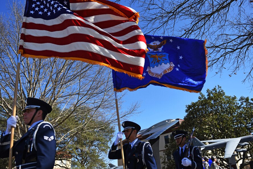 Barksdale Air Force Base honor guard members participate in a building dedication and cake cutting ceremony at Barksdale AFB, La., Feb. 2, 2017. On Feb. 1, the 8th Air Force celebrate its 75th diamond anniversary and hosted various events throughout the week to commemorate and honor its past, present and future Airmen. (U.S. Air Force photo by Senior Airman Erin Trower)
