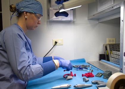 Svetlana Pohovey, 359th Medical Group registered dental assistant, cleans and sterilizes dental equipment at the Randolph dental clinic on Joint Base San Antonio-Randolph, Texas, Jan. 10. Sterilizing dental equipment is critical to patient safety. (U.S. Air Force photo/Staff Sgt. Kevin Iinuma)
