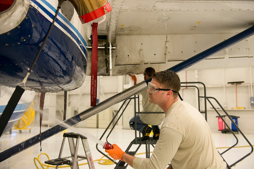 919th Special Operations Maintenance Group Airmen wash a C-145 Skytruck at Duke Field, Fla.  (U.S. Air Force photo/Tech. Sgt. Jasmin Taylor)