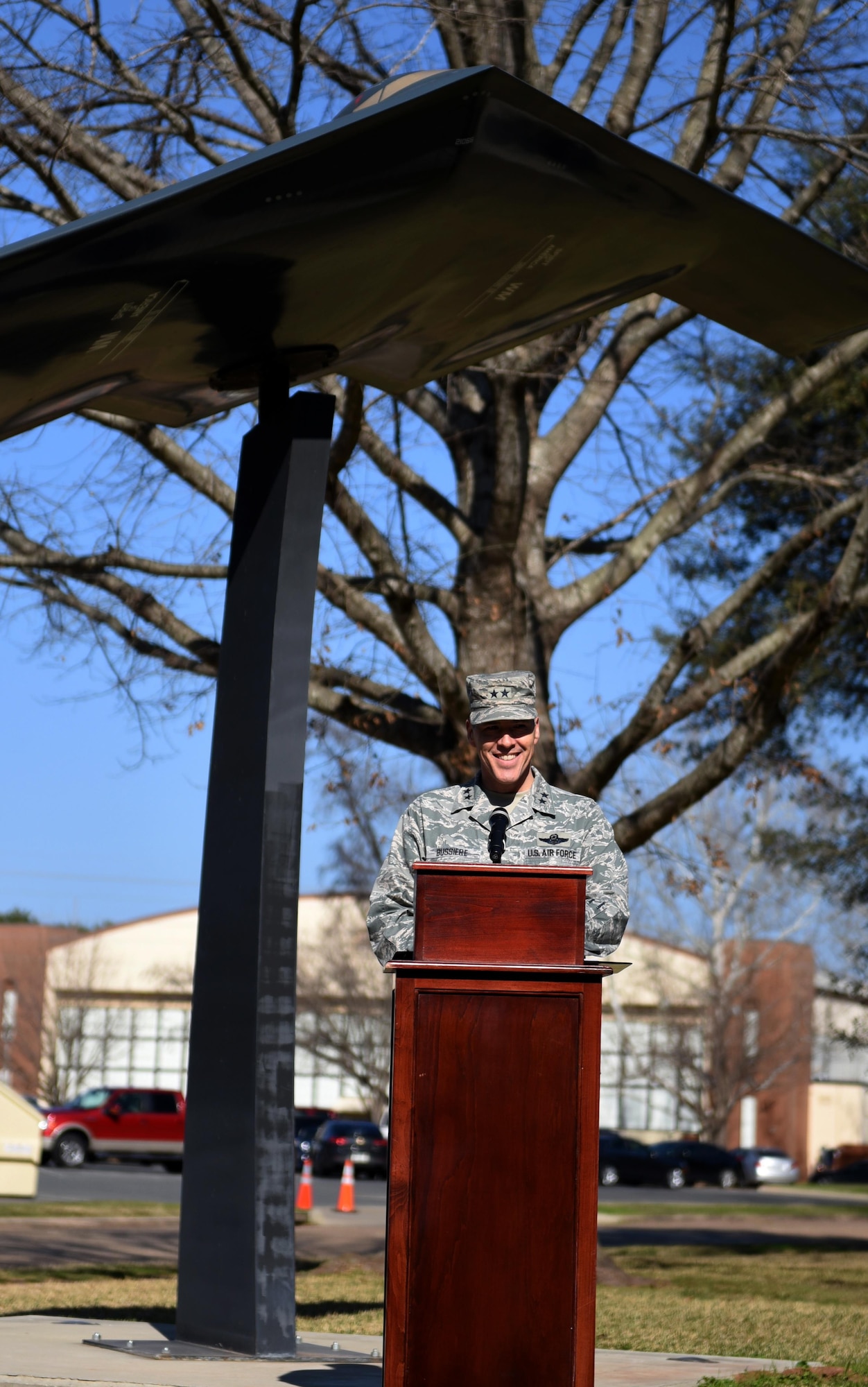Maj. Gen. Thomas Bussiere, 8th Air Force commander, speaks during a building dedication and cake cutting ceremony at Barksdale Air Force Base, La., Feb. 2, 2017. The 8th AF headquarters building was dedicated to General James H. “Jimmy” Doolittle as part of the Eighth’s 75th diamond anniversary events. (U.S. Air Force photo by Senior Airman Erin Trower)