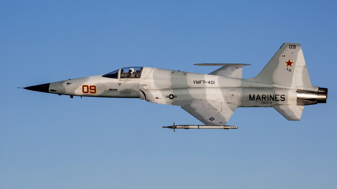 An F-5N Tiger II takes off on a training exercise aboard Marine Corps Air Station Beaufort, Jan. 26, 2017. Marine Fighter Training Squadron 401 worked with Marine Aviation Weapons and Tactics Squadron One to conduct the Marine Division Tactics Course at the air station. VMFT-401 provided the adversary air while the MAWTS-1 instructor pilots taught and evaluated MCAS Beaufort F/A-18 pilots during the course. The pilot is an instructor pilot with VMFT-401. Both VMFT-401 and MAWTS-1 are stationed aboard MCAS Yuma, Ariz.