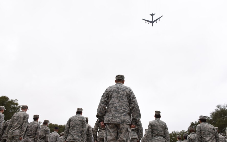 A B-52 Stratofortress flies over Barksdale Air Force Base, La., during a retreat ceremony Feb. 2, 2017. A B-2 Spirit, B-1B Lancer and B-52 Stratofortress participated in the flyover as part of the 8th Air Force’s 75th anniversary events. Former and present bomber Airmen from across the country celebrated the anniversary by partaking in various event to honor the past, present and future Airmen of the “Mighty Eighth.” (U.S. Air Force photo by Senior Airman Damon Kasberg) 