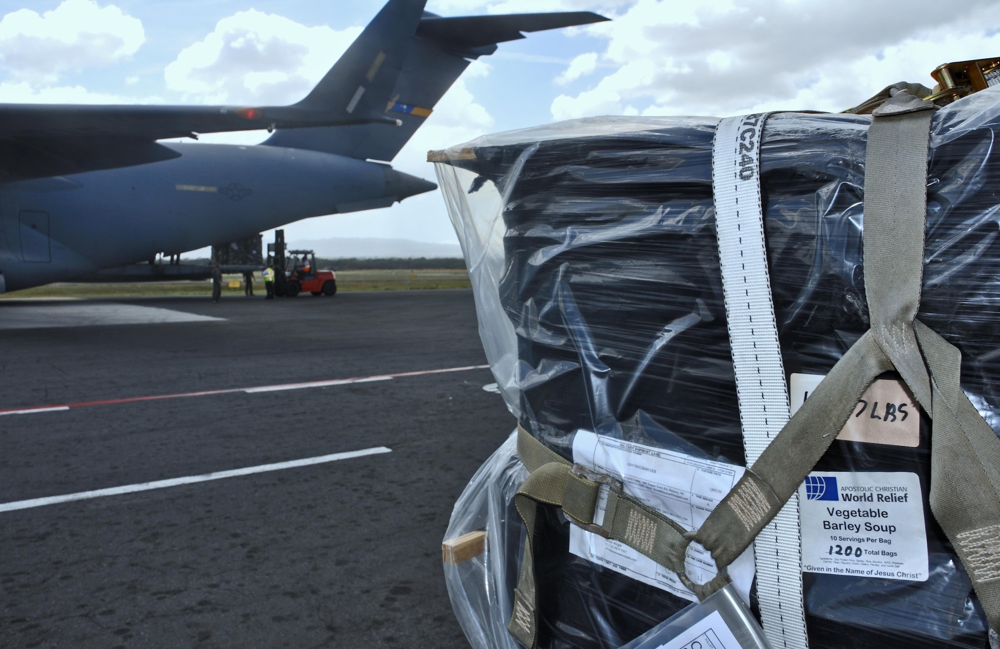 Citizen Airmen of the 315th Airlift Wing delivered over 130,000 pounds of donated humanitarian aid to an outreach organization in Managua, Nicaragua, during a training mission, February 5, 2017.  During the weekend mission, aircrews of two C-17s airlifted over 110,000 pounds of food – enough to provide an estimated 5.4 million meals - as part of the Denton program, which allows for space available on military cargo planes to be used for humanitarian aid. (U.S. Air Force photo by Maj. Wayne Capps)