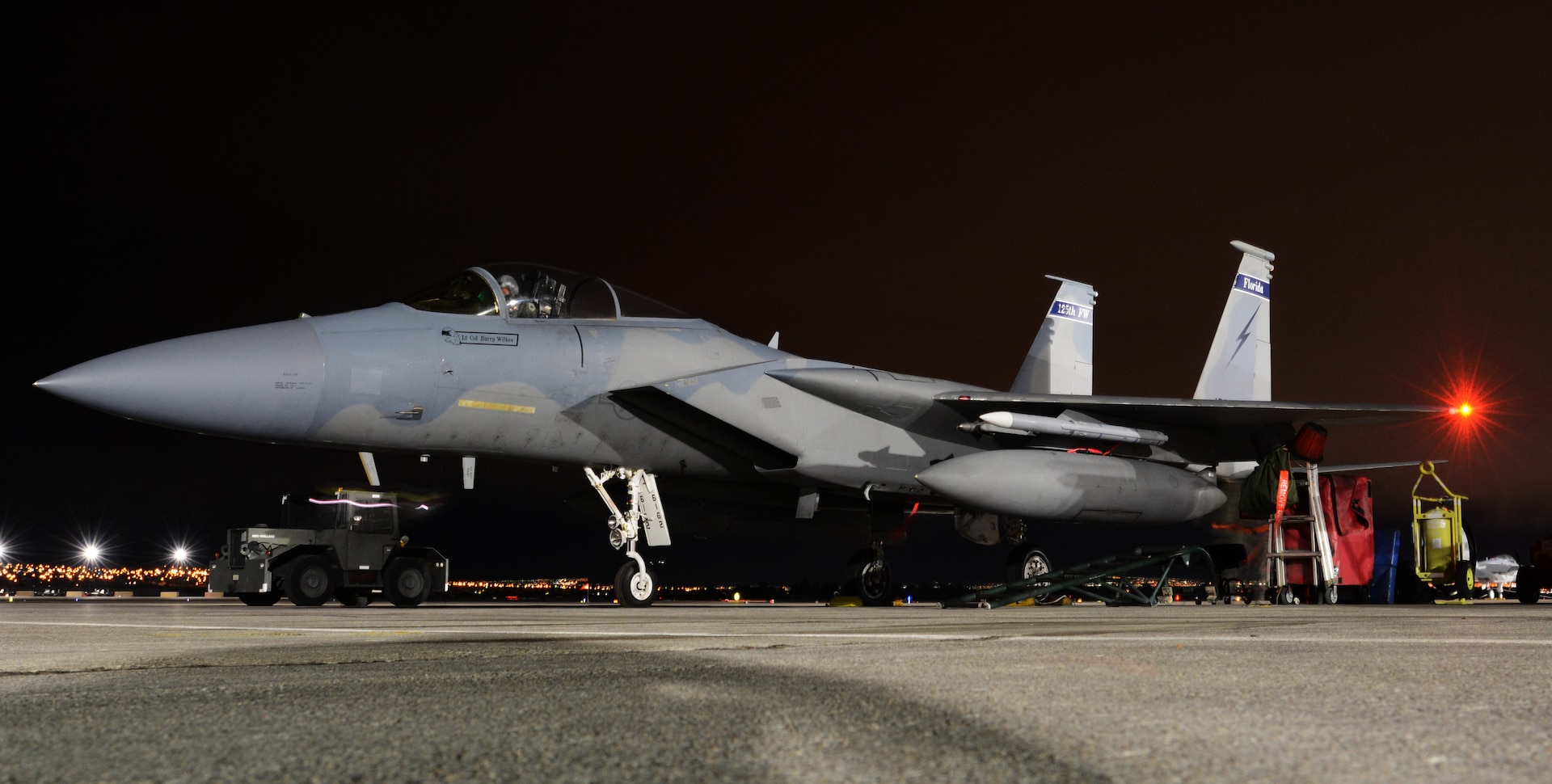 An F-15 Eagle pilot prepares to taxi onto the runway at Nellis Air Force Base, Nevada, Jan. 23, 2017. Airmen from the 125th Fighter Wing deployed for 3 weeks to Nellis AFB for Red Flag 17-1, the first Red Flag training exercise to integrate the F-35a. 