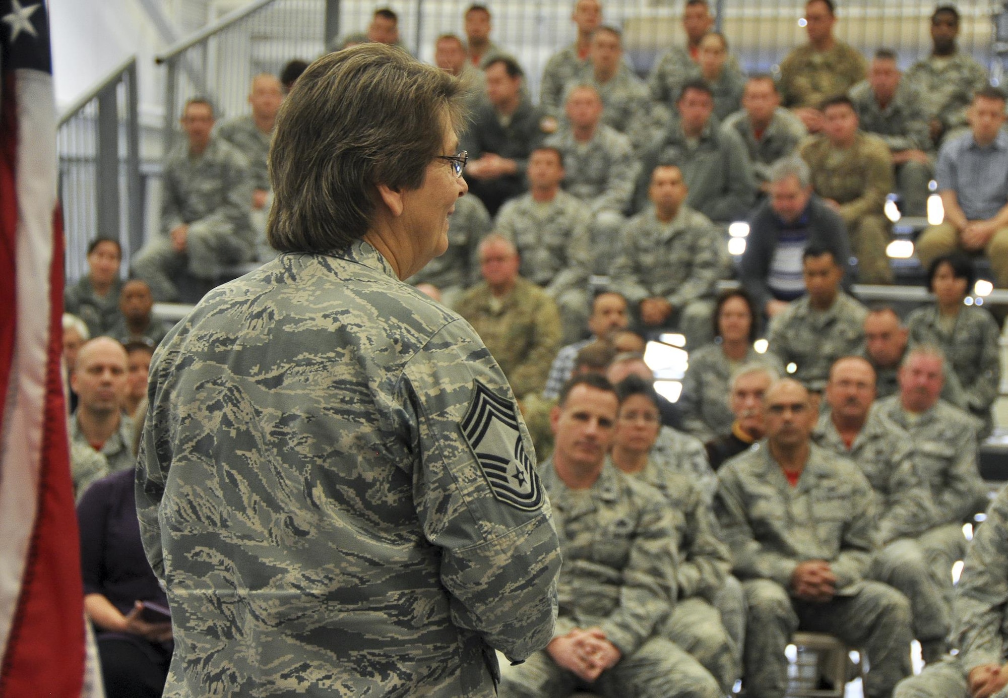 Chief Master Sgt. Pamela Duvall, 919th Special Operations Maintenance Group, speaks to a crowd of well-wishers during her retirement ceremony at Duke Field, Fla., Feb. 4.  (U.S. Air Force photo/Dan Neely)