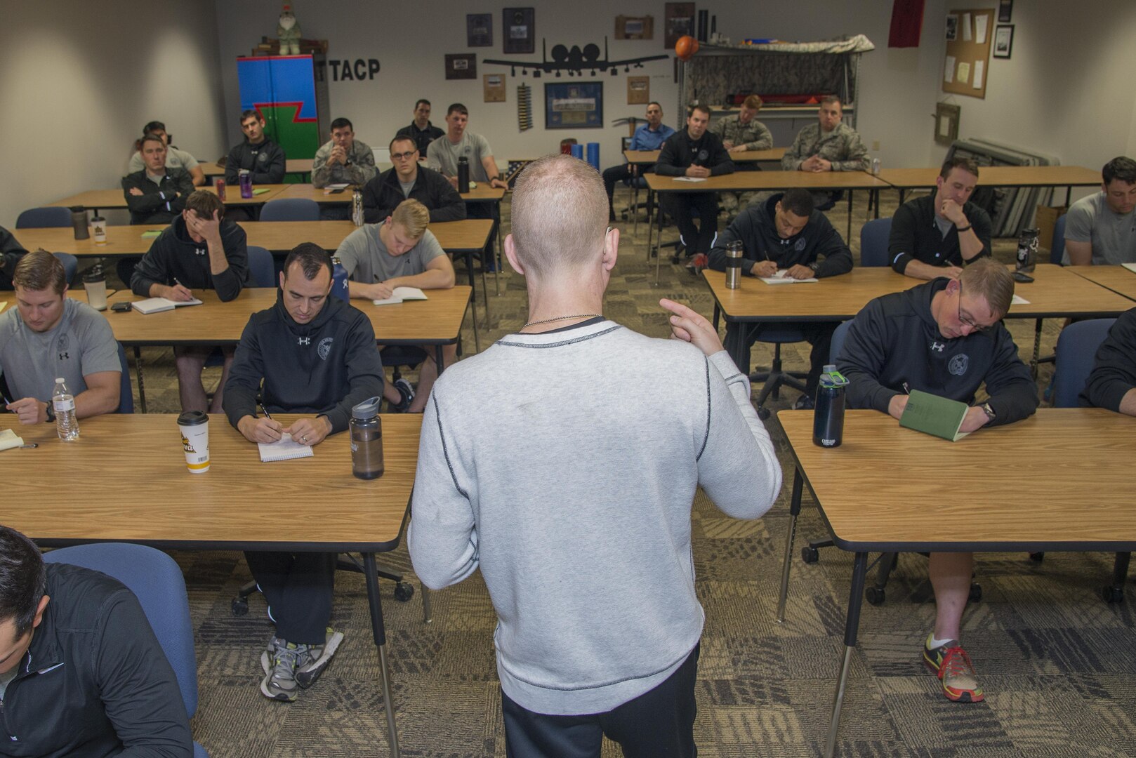 Tim “Red” Wakeham, Michigan State University strength and conditioning coach, speaks to Tactical Air Control Party instructors about Kinesiology and helped refined their training program at Joint Base San Antonio-Lackland Medina Annex Feb. 1, 2017. Kinesiology is the scientific study of human movement.
