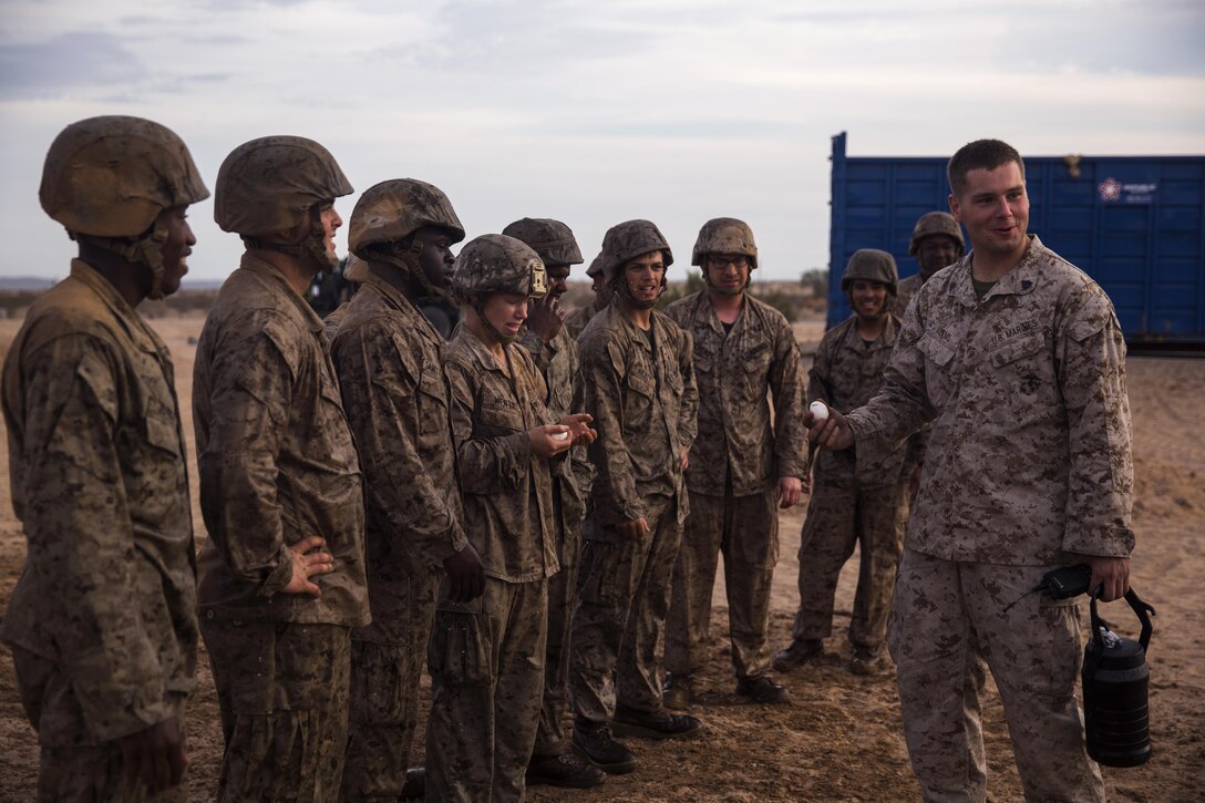 U.S. Marines with 8th Engineer Support Battalion complete an obstacle course while safely moving two eggs to the end point during a squad competition at Cannon Air Defense Complex, Yuma, Ariz., Oct. 24, 2016. Squad competitions happen among every unit throughout the Marine Corps to build camaraderie and Esprit de Corps. (U.S. Marine Corps photo taken by Lance Cpl. Christian Cachola/Released)
