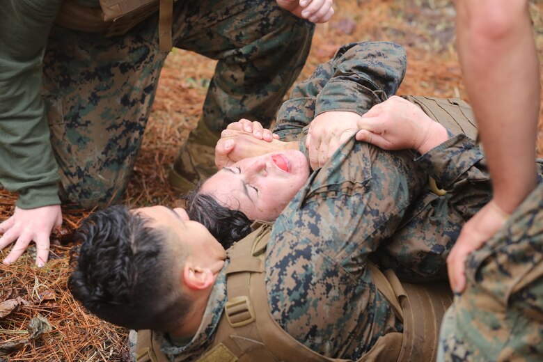 Cpl. Francis Carleo, top, and Cpl. Andrew Silva grapple during the culminating event of the Martial Arts Instructor course aboard Marine Corps Air Station Cherry Point, N.C., Feb. 3, 2017. The Marines endured intense physical training, written examinations, and practical application during the three-week course. The course is meant to instill the skills to proficiently instruct the disciplines of the Marine Corps Martial Arts Program. Carleo is a tropospheric scatter radio multi-channel equipment operator assigned to Marine Wing Communications Squadron 28, Marine Air Control Group 28, 2nd Marine Aircraft Wing. Silva is an air support operations operator assigned to Marine Air Support Squadron 1, MACG-28, 2nd MAW. (U.S. Marine Corps photo by Lance Cpl. Cody Lemons/Released)