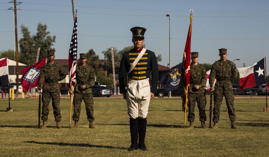 A U.S. Marine with Headquarters and Headquarters Squadron participates in a historical uniform pageant at Marine Corps Air Station Yuma, Ariz., Nov. 10, 2016. The uniform pageant and cake cutting ceremony are annual traditions held to celebrate the Marine Corps birthday, honor Marines of the past, present and future and signify the passing of traditions from one generation to the next. (U.S. Marine Corps photo by Lance Cpl. Christian Cachola/Released)