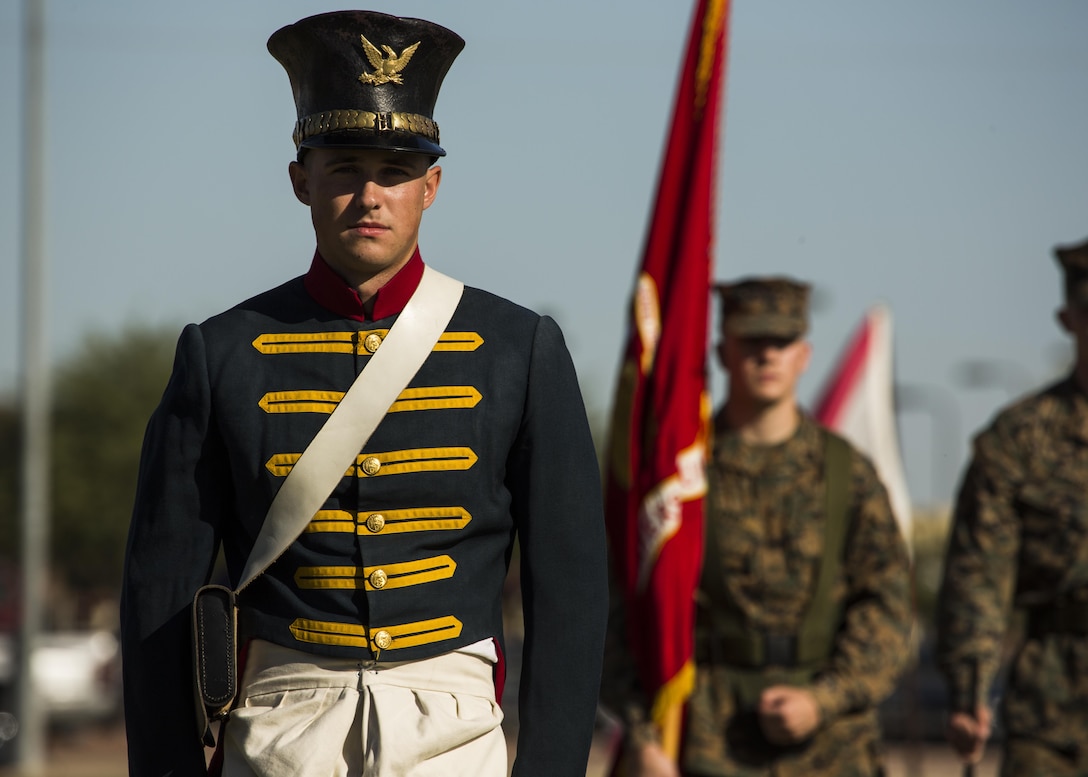 A U.S. Marine with Headquarters and Headquarters Squadron participates in a historical uniform pageant at Marine Corps Air Station Yuma, Ariz., Nov. 10, 2016. The uniform pageant and cake cutting ceremony are annual traditions held to celebrate the Marine Corps birthday, honor Marines of the past, present and future and signify the passing of traditions from one generation to the next. (U.S. Marine Corps photo by Lance Cpl. Christian Cachola/Released)