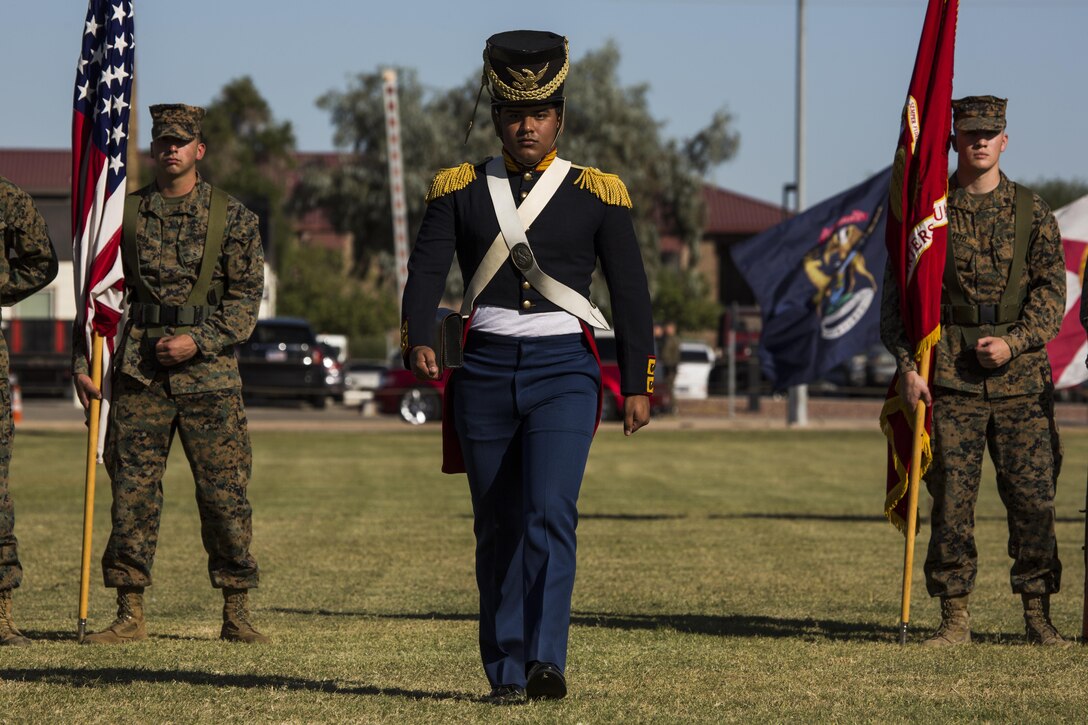 U.S. Marine Corps Lance Cpl George Melendez with Headquarters and Headquarters Squadron participates in a historical uniform pageant at Marine Corps Air Station Yuma, Ariz., Nov. 10, 2016. The uniform pageant and cake cutting ceremony are annual traditions held to celebrate the Marine Corps birthday, honor Marines of the past, present and future and signify the passing of traditions from one generation to the next. (U.S. Marine Corps photo by Lance Cpl. Christian Cachola/Released)