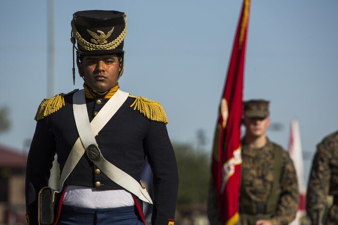 U.S. Marine Corps Lance Cpl George Melendez with Headquarters and Headquarters Squadron participates in a historical uniform pageant at Marine Corps Air Station Yuma, Ariz., Nov. 10, 2016. The uniform pageant and cake cutting ceremony are annual traditions held to celebrate the Marine Corps birthday, honor Marines of the past, present and future and signify the passing of traditions from one generation to the next. (U.S. Marine Corps photo by Lance Cpl. Christian Cachola/Released)