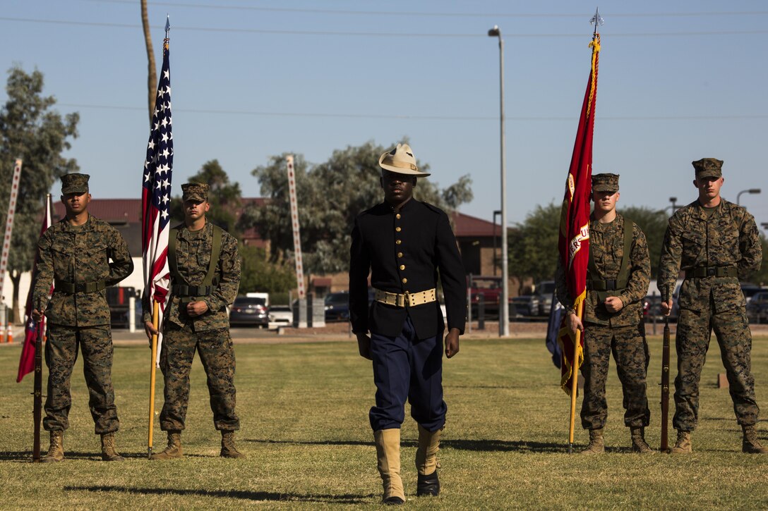 A U.S. Marine with Headquarters and Headquarters Squadron participates in a historical uniform pageant at Marine Corps Air Station Yuma, Ariz., Nov. 10, 2016. The uniform pageant and cake cutting ceremony are annual traditions held to celebrate the Marine Corps birthday, honor Marines of the past, present and future and signify the passing of traditions from one generation to the next. (U.S. Marine Corps photo by Lance Cpl. Christian Cachola/Released)