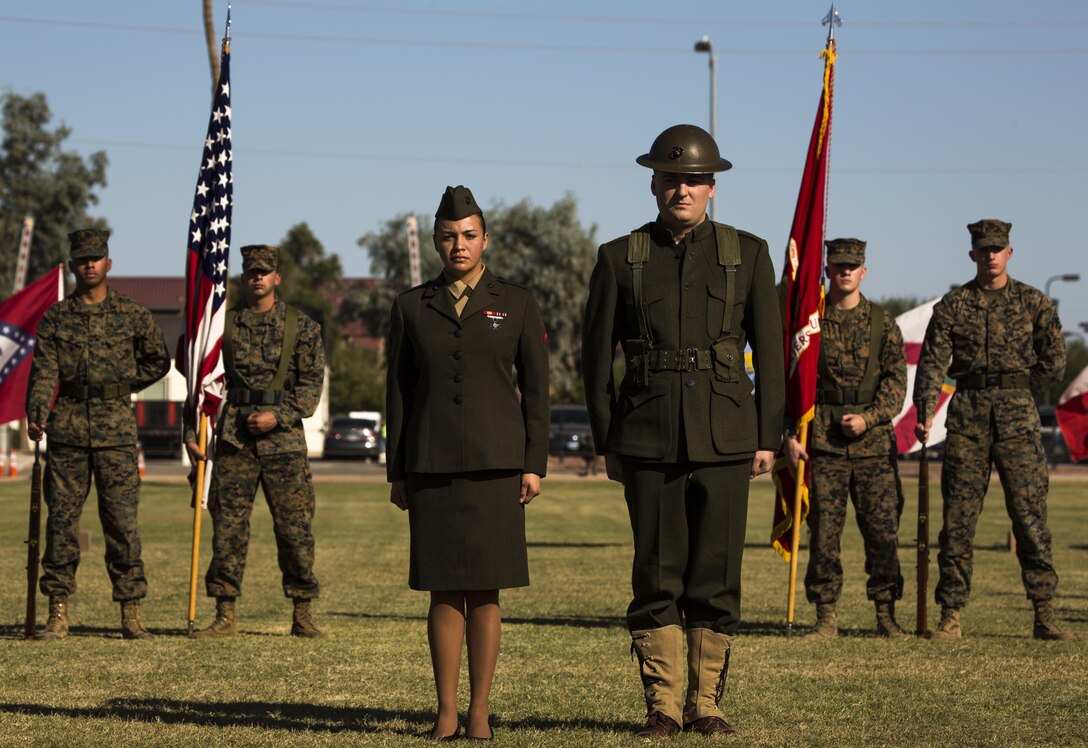 U.S. Marines with Headquarters and Headquarters Squadron participate in a historical uniform pageant at Marine Corps Air Station Yuma, Ariz., Nov. 10, 2016. The uniform pageant and cake cutting ceremony are annual traditions held to celebrate the Marine Corps birthday, honor Marines of the past, present and future and signify the passing of traditions from one generation to the next. (U.S. Marine Corps photo by Lance Cpl. Christian Cachola/Released)
