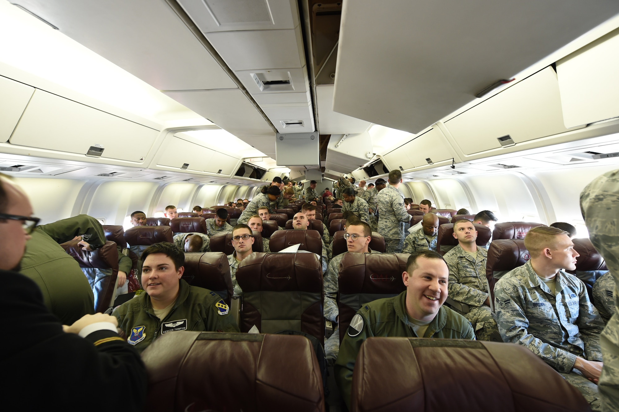 More than 300 personnel take their seats in a Boeing 767 at Dyess Air Force Base, Texas, Jan. 31, 2017. Airmen from the 7th Operations Support Squadron, 7th Maintenance Group and the 9th Bomb Squadron deployed to Guam with B-1B Lancers to replace the 34th Expeditionary Bomb Squadron from Ellsworth Air Force Base, S.D. (U.S. Air Force photo by Airman 1st Class Quay Drawdy)