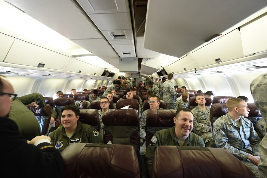 More than 300 personnel take their seats in a Boeing 767 at Dyess Air Force Base, Texas, Jan. 31, 2017. Airmen from the 7th Operations Support Squadron, 7th Maintenance Group and the 9th Bomb Squadron deployed to Guam with B-1B Lancers to replace the 34th Expeditionary Bomb Squadron from Ellsworth Air Force Base, S.D. (U.S. Air Force photo by Airman 1st Class Quay Drawdy)