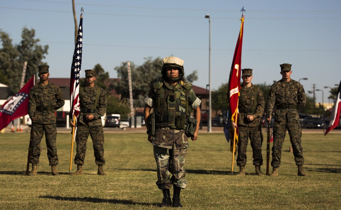 A U.S. Marine with Headquarters and Headquarters Squadron participates in a historical uniform pageant at Marine Corps Air Station Yuma, Ariz., Nov. 10, 2016. The uniform pageant and cake cutting ceremony are annual traditions held to celebrate the Marine Corps birthday, honor Marines of the past, present and future and signify the passing of traditions from one generation to the next. (U.S. Marine Corps photo by Lance Cpl. Christian Cachola/Released)