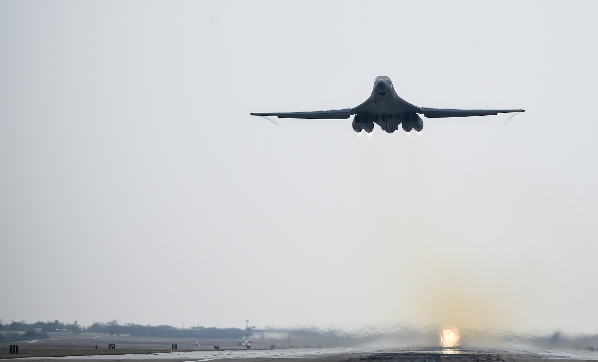 A B-1B Lancer takes off from Dyess Air Force Base, Texas, Feb. 4, 2017. Dyess B-1s headed to Andersen Air Force Base, Guam, following more than 300 Airmen from the 7th Operations Support Squadron, 7th Maintenance Group and the 9th Bomb Squadron that deployed a few days earlier. (U.S. Air Force photo by Airman 1st Class Quay Drawdy)