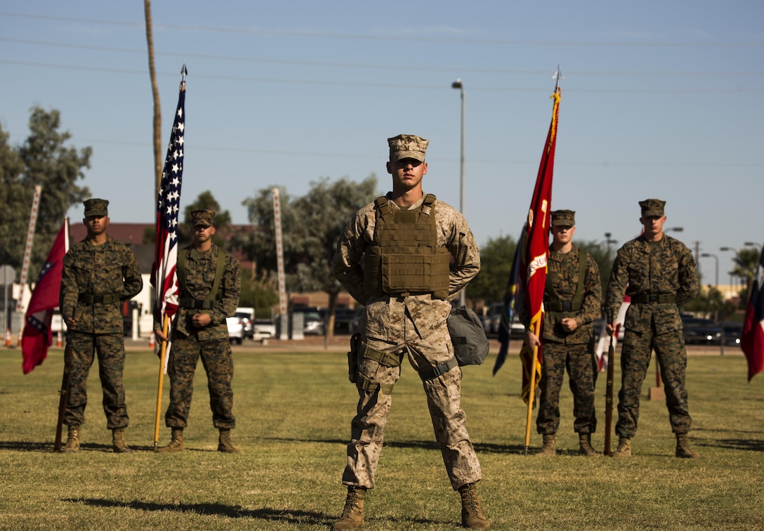 A U.S. Marine with Headquarters and Headquarters Squadron participates in a historical uniform pageant at Marine Corps Air Station Yuma, Ariz., Nov. 10, 2016. The uniform pageant and cake cutting ceremony are annual traditions held to celebrate the Marine Corps birthday, honor Marines of the past, present and future and signify the passing of traditions from one generation to the next. (U.S. Marine Corps photo by Lance Cpl. Christian Cachola/Released)