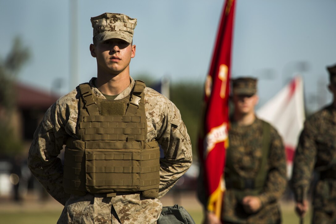 A U.S. Marine with Headquarters and Headquarters Squadron participates in a historical uniform pageant at Marine Corps Air Station Yuma, Ariz., Nov. 10, 2016. The uniform pageant and cake cutting ceremony are annual traditions held to celebrate the Marine Corps birthday, honor Marines of the past, present and future and signify the passing of traditions from one generation to the next. (U.S. Marine Corps photo by Lance Cpl. Christian Cachola/Released)
