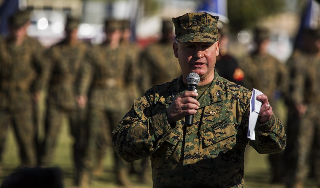 U.S. Marine Corps Col. Ricardo Martinez, the station commanding officer, addresses attendees during the cake cutting ceremony at Marine Corps Air Station Yuma, Ariz., Nov. 10, 2016. The uniform pageant and cake cutting ceremony are annual traditions held to celebrate the Marine Corps birthday, honor Marines of the past, present and future and signify the passing of traditions from one generation to the next. (U.S. Marine Corps photo by Lance Cpl. Christian Cachola/Released)