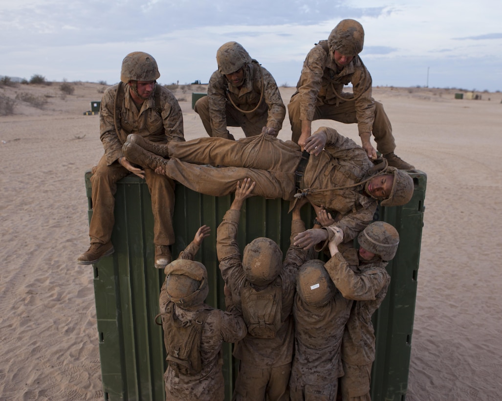 U.S. Marines with 8th Engineer Support Battalion work as a team to move a Cpl. Burgess, a simulated casualty, down from a container as part of a squad competition at Canon Air Defense Complex, Yuma, Ariz., Oct. 24, 2016. Squad competitions happen among every squadron throughout the Marine Corps to build camaraderie and foster good-spirited competition between the separate elements that make up the unit. (U.S. Marine Corps photo taken by Cpl. Summer Romero/ Released)