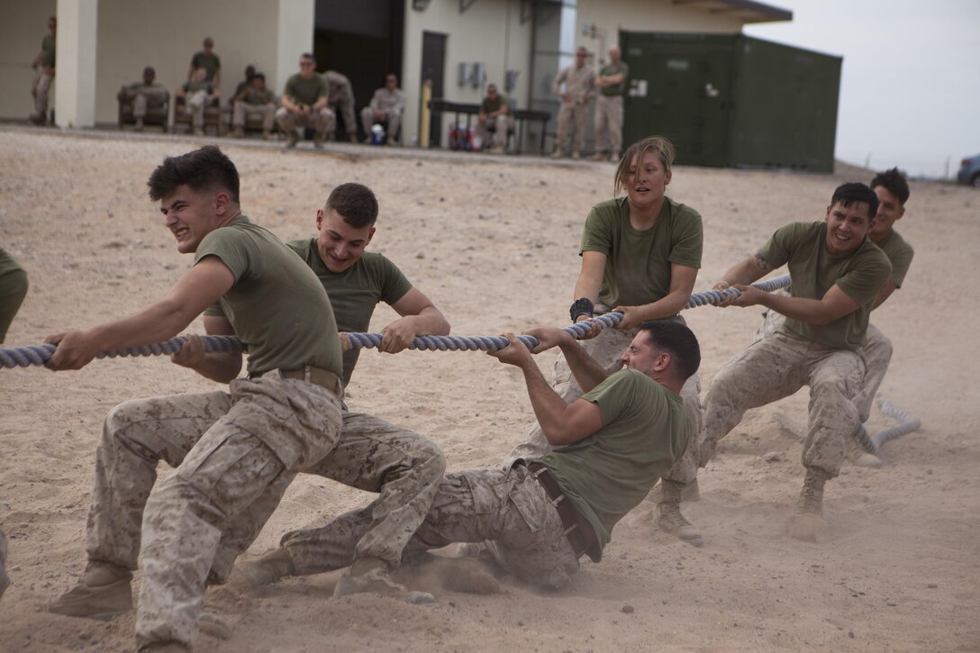 U.S. Marines with 8th Engineer Support Battalion participate in tug-of-war as the last element of their squad competition at Canon Air Defense Complex, Yuma, Ariz., Oct. 24, 2016. Squad competitions happen among every squadron throughout the Marine Corps to build camaraderie and foster good-spirited competition between the separate elements that make up the unit. (U.S. Marine Corps photo taken by Cpl. Summer Romero/ Released)