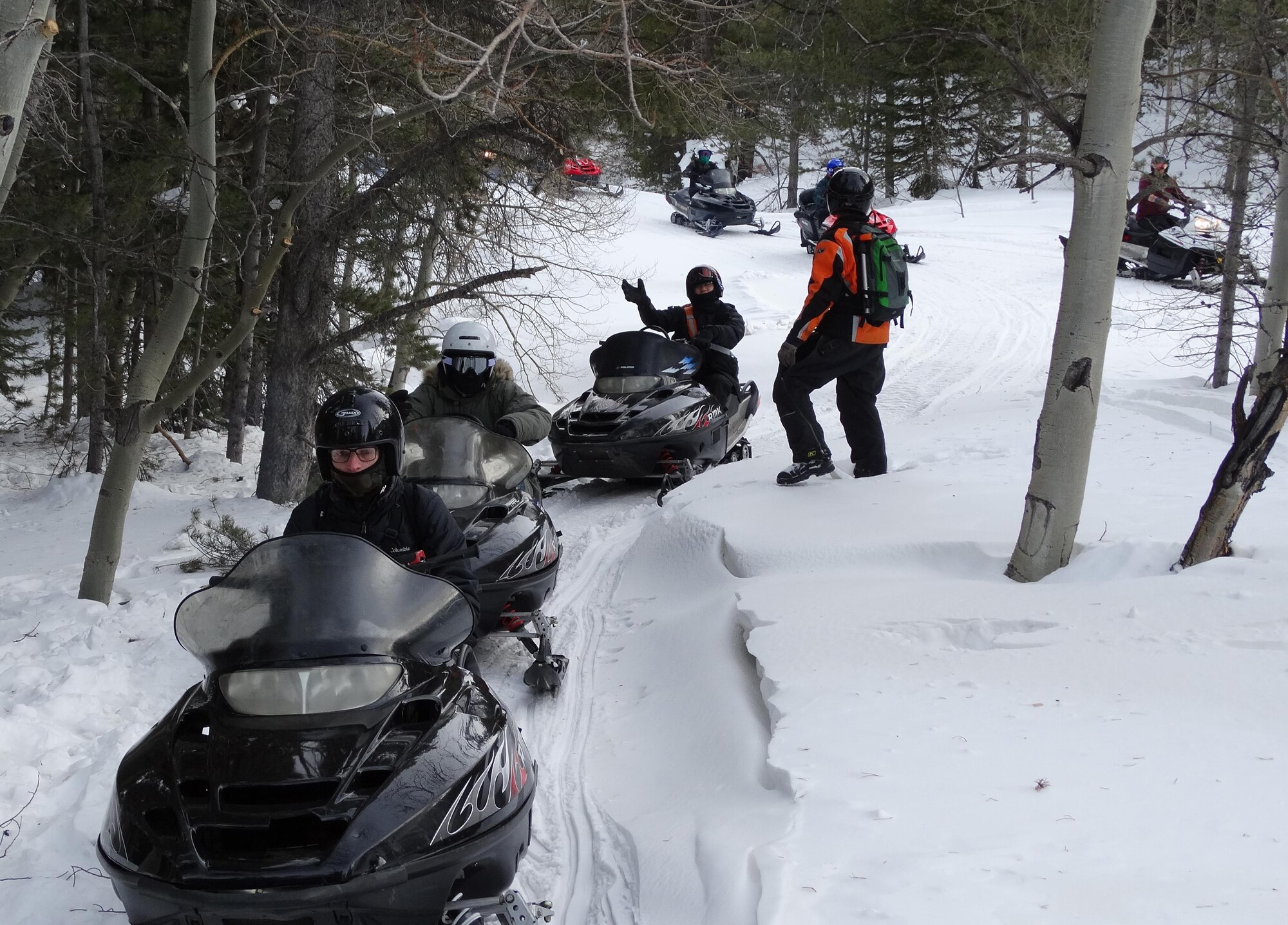 Schriever Airmen enjoy snowmobiling on snow-covered trails during a free five-hour guided snowmobile tour in Monarch, Colorado, as part of the 50th Force Support Squadron’s Single Airmen Initiative Friday, Feb. 3, 2017. The SAI’s goal is to increase resiliency and allow Airmen the opportunity to experience an activity they might not be able to afford or try on their own. (U.S. Air Force photo/Seth Cannello)