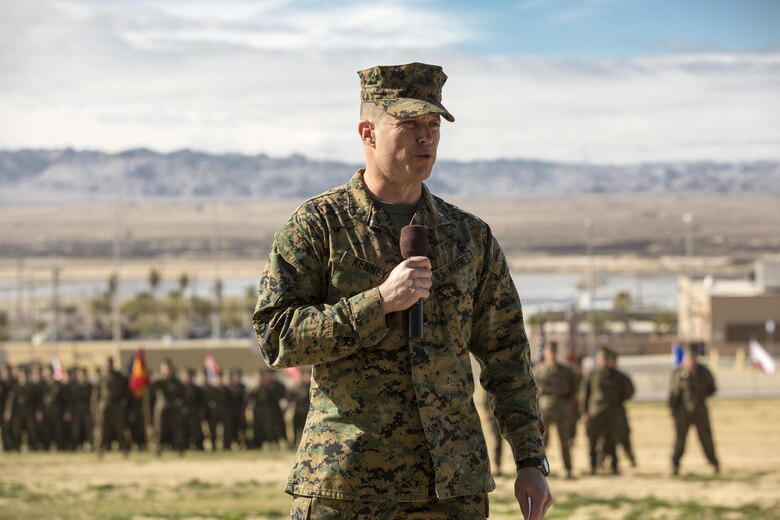 Lt. Col. John Kenney, commanding officer, 2nd Battalion, 7th Marine Regiment, speaks during a relief and appointment ceremony at Lance Cpl. Torrey L. Gray Field, Feb. 3, 2017. During the ceremony, Sgt. Maj. Gabriel E. Macias relinquished his post as battalion sergeant major to Sgt. Maj. Jared A. Hoversten. (U.S. Marine Corps photo by Cpl. Levi Schultz)