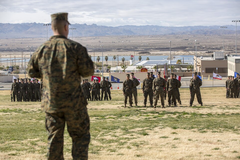 Sgt. Maj. Gabriel E. Macias, outgoing battalion sergeant major, 2nd Battalion, 7th Marine Regiment, turns to speak to the Marines and sailors during the battalion’s relief and appointment ceremony at Lance Cpl. Torrey L. Gray Field, Feb. 3, 2017. During the ceremony, Macias relinquished his post as battalion sergeant major to Sgt. Maj. Jared A. Hoversten. (U.S. Marine Corps photo by Cpl. Levi Schultz)