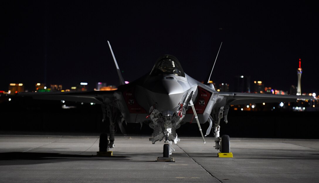 An F-35A Lightning II from the 388th Fighter Wing, Hill Air Force Base, Utah, sits on the flight line during Red Flag 17-1 at Nellis Air Force Base, Nev., Jan. 12, 2017. This was the first-time F-35A crews participated in Red Flag, the Air Force’s premiere air-to-air combat training exercise. Air Force photo by Staff Sgt. Natasha Stannard