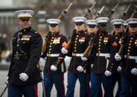 U.S. Marines assigned to the U.S. Marine Corps Color Guard march during pass in review during the 58th Presidential Inauguration in Washington, D.C., Jan. 20, 2017. More than 5,000 military members from across all branches of the armed forces of the United States, including reserve and National Guard components, provided ceremonial support and Defense Support of Civil Authorities during the inaugural period. (DoD photo by U.S. Air Force Staff Sgt. Marianique Santos)