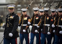 U.S. Marines assigned to the U.S. Marine Corps Color Guard march during pass in review during the 58th Presidential Inauguration in Washington, D.C., Jan. 20, 2017. More than 5,000 military members from across all branches of the armed forces of the United States, including reserve and National Guard components, provided ceremonial support and Defense Support of Civil Authorities during the inaugural period. (DoD photo by U.S. Air Force Staff Sgt. Marianique Santos)