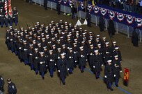 Members of the U.S. Marine Corps march along Pennsylvania Avenue during the inaugural parade in Washington, D.C., Jan. 20, 2017. More than 5,000 military members across from all branches of the armed forces of the United States, including Reserve and National Guard components, provided ceremonial support and Defense Support of Civil Authorities during the inaugural period. (DoD photo by U.S. Air Force Staff Sgt. Logan Carlson)