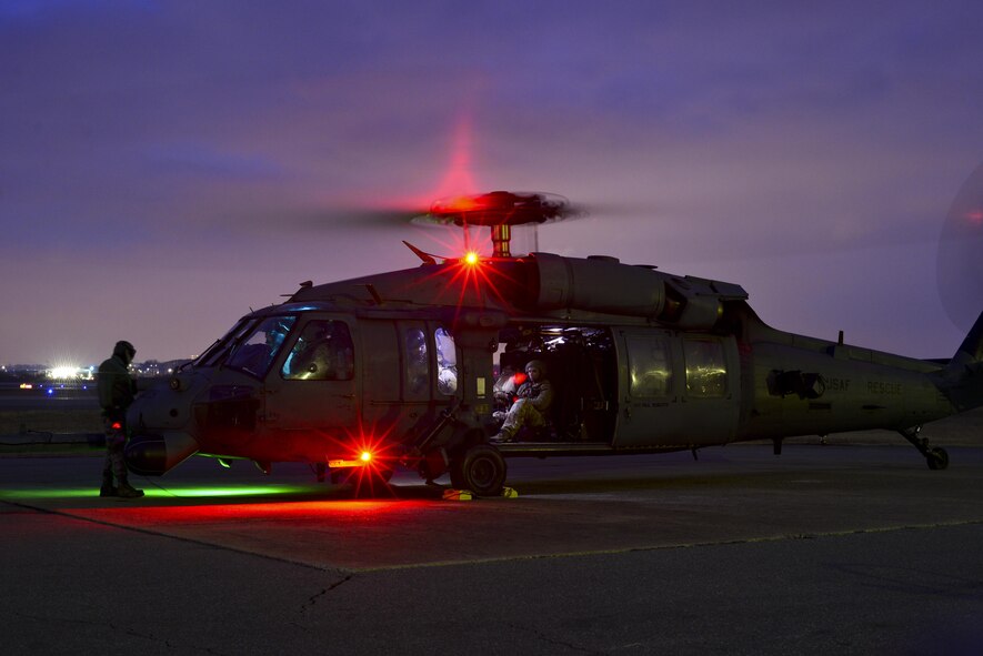 An HH-60 Pave Hawk operated by a combat search and rescue team assigned to the 33rd Rescue Squadron from Kadena Air Base, Japan, is prepared for takeoff during Exercise Pacific Thunder 17-1 at Osan Air Base, Republic of Korea, Feb. 2, 2017. Exercise Pacific Thunder, which is a Pacific Air Forces-wide exercise, provides rescue teams with a realistic scenario to practice CSAR missions in mountainous Korean terrain. (U.S. Air Force photo by Staff Sgt. Victor J. Caputo)