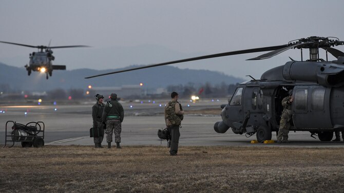 A U.S. Air Force combat search and rescue team assigned to the 33rd Rescue Squadron from Kadena Air Base, Japan, prepares to launch for a training mission during Exercise Pacific Thunder 17-1 at Osan Air Base, Republic of Korea (ROK), Feb. 2, 2017. Pacific Thunder is a field training exercise and is part of a continuous exercise schedule, strengthening the U.S.-ROK Alliance.  (U.S. Air Force photo by Staff Sgt. Victor J. Caputo)