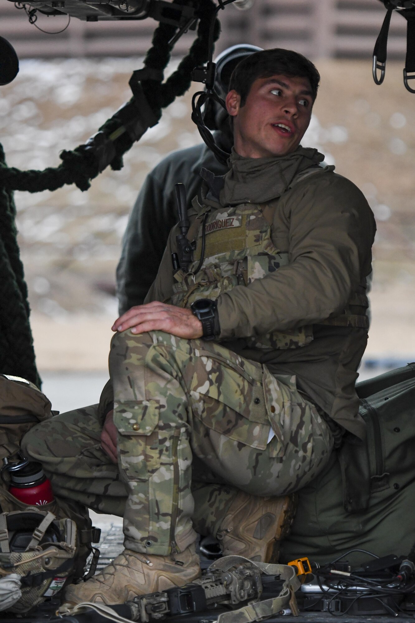 Senior Airman Paul Rodriguez, 31st Rescue Squadron pararescueman, prepares for a combat search and rescue mission during Exercise Pacific Thunder 17-1 at Osan Air Base, Republic of Korea, Feb. 2, 2017. Exercise Pacific Thunder is a Pacific Air Forces exercise that combines the rescue capabilities of U.S. and ROK air force rescue units with the close air support of A-10 Thunderbolt IIs, assigned to the 25th Fighter Squadron, in realistic training missions flown in mountainous Korean terrain. (U.S. Air Force photo by Staff Sgt. Victor J. Caputo)