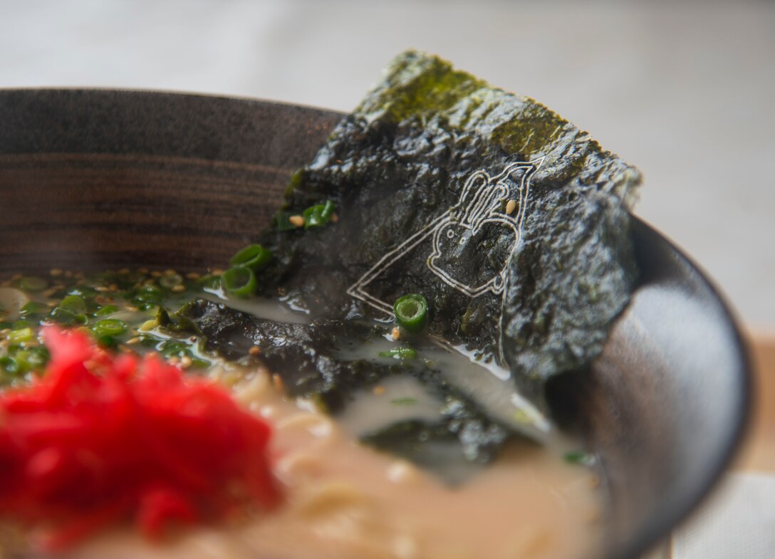 A piece of nori with a bunny print sits in a bowl of ramen at a ski resort in Hachimantai, Japan, Jan. 28, 2017. The ski resort included many restaurants varying from Japanese to Indian cuisine available for Airmen to eat after skiing or snowboarding to the bottom of the mountain. (U.S. Air Force photo by Airman 1st Class Sadie Colbert)