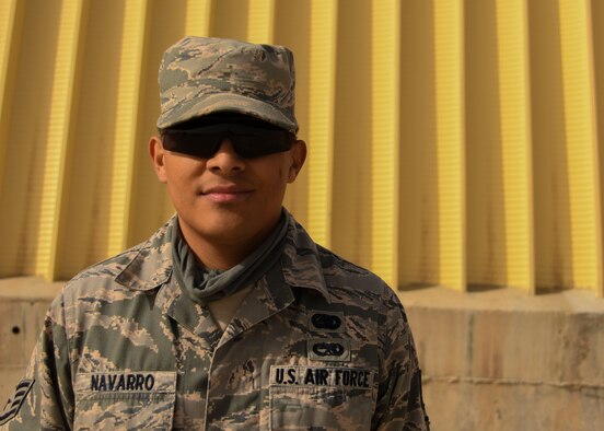 This week's Rock Solid Warrior is Staff Sgt. Jordan Navarro, a 386th Expeditionary Logistics Readiness Squadron logistics planner, deployed from Homestead Air Reserve Base, Fla. The Rock Solid Warrior program is a way to recognize and spotlight the Airmen of the 386th Air Expeditionary Wing for their positive impact and commitment to the mission. (U.S. Air Force photo/Senior Airman Andrew Park)
