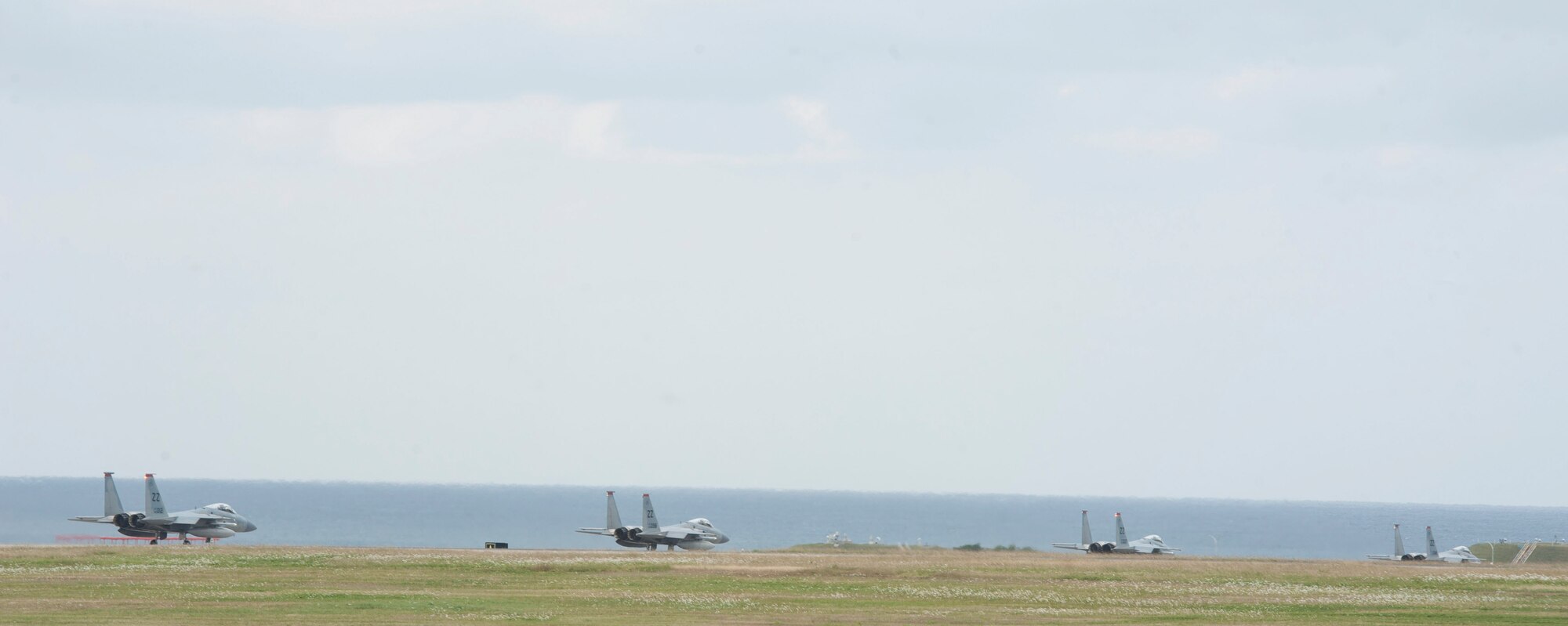 U.S. Air Force F-15 Eagles assigned to the 67th Fighter Squadron line up for take-off Feb. 2, 2017, at Kadena Air Base, Japan. The F-15 Eagle is a classic war-fighting jet capable of reaching speeds over 1,800 mph. (U.S. Air Force photo by Senior Airman Lynette M. Rolen/Released)