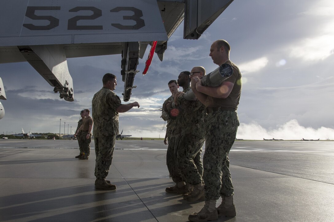 U.S. Navy Sailors with Electronic Attack Squadron (VAQ) 135 performed maintenance on E/A-18G Growlers at Andersen Air Force Base, Guam, to support exercise Cope North, which is scheduled for Feb. 8 – March 8, 2017. The maintenance performed by the Sailors allows the pilots to continue operating their aircraft and participating in the exercise. (U.S. Marine Corps photos by Cpl. Nathan Wicks)