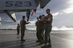 U.S. Navy Sailors with Electronic Attack Squadron (VAQ) 135 performed maintenance on E/A-18G Growlers at Andersen Air Force Base, Guam, to support exercise Cope North, which is scheduled for Feb. 8 – March 8, 2017. The maintenance performed by the Sailors allows the pilots to continue operating their aircraft and participating in the exercise. (U.S. Marine Corps photos by Cpl. Nathan Wicks)