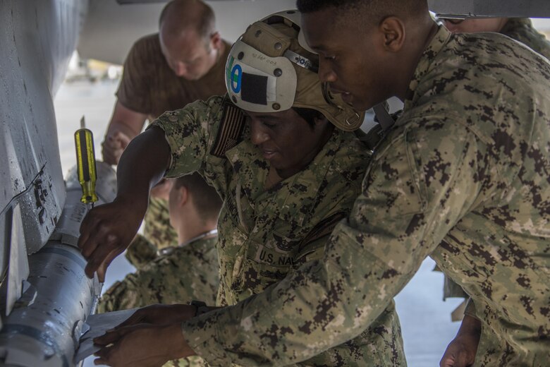 U.S. Navy Sailors with Electronic Attack Squadron (VAQ) 135 performed maintenance on E/A-18G Growlers at Andersen Air Force Base, Guam, to support exercise Cope North, which is scheduled for Feb. 8 – March 8, 2017. The maintenance performed by the Sailors allows the pilots to continue operating their aircraft and participating in the exercise. (U.S. Marine Corps photos by Cpl. Nathan Wicks)