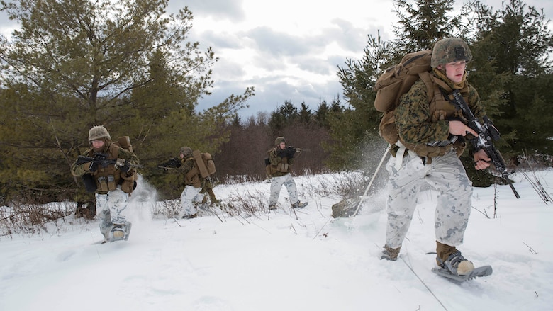 Marines with Company C, 1st Battalion, 25th Marine Regiment, 4th Marine Division, use snow shoes to patrol the rough terrain of Burwash, Ontario, during exercise Riley Xanten II, Feb. 3-5, 2017. During the exercise, the Marines joined soldiers from the Canadian Armed Forces to exchange knowledge and increase proficiency in cold weather tactics, survival skills, shelter building, ice fishing, and more. 