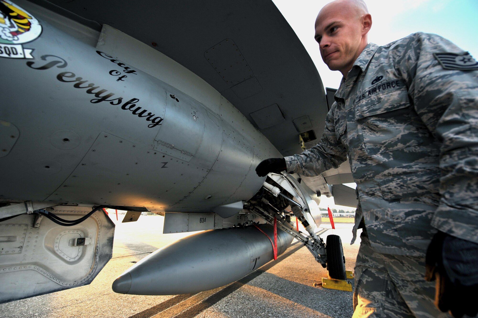 U.S. Air Force Tech. Sgt. Joe Boyer,  a crew chief assigned to the 180th Fighter Wing, Ohio Air National Guard, makes initial checks on an F-16 Fighting Falcon prior to the start of flying operations during a training exercise at MacDill Air Force Base in Tampa, Florida on Feb. 2, 2017. The 180FW brought F-16s and more than 150 maintainers, pilots, and operations support personnel to MacDill AFB for a two week training exercise which included basic fighter maneuvers against F-18 Hornets from the Canadian 425th Tactical Fighter Squadron, sharpening the combat capabilities of the 180FW Airmen. (U.S. Air National Guard photo by Tech. Sgt. Nic Kuetemeyer)