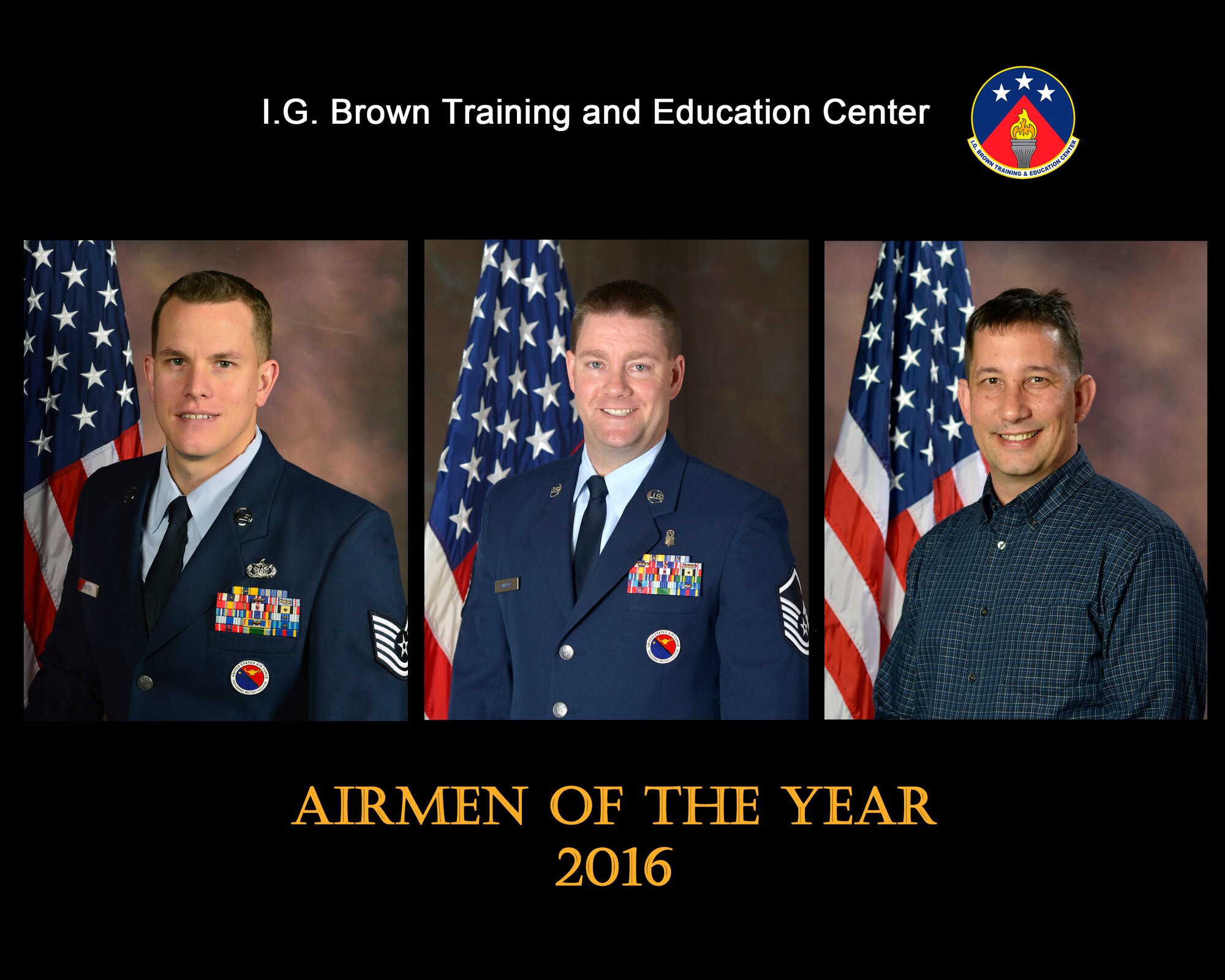 Tech. Sgt. Joseph Hunter, NCO of the year, Master Sgt. Jason Miller, senior NCO of the year, and David Barlow, civillian of the year, were recognized for their outstanding service in 2016 at the I.G. Brown Training and Education Center in Louisville, Tenn. (U.S. Air National Guard file photo illustration)