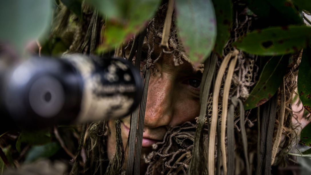 A U.S. Marine assigned to the Scout Sniper School, Weapons Training Battalion, looks through the scope of his rifle during a final exercise at Marine Corps Base Quantico, Virginia, Jan. 19, 2017. The course provides Marines and other services  with Scout Sniper training in preparation for duty as a Scout Sniper within a Scout Sniper Platoon of an infantry battalion, reconnaissance unit and Marine Special Operations Unit. 