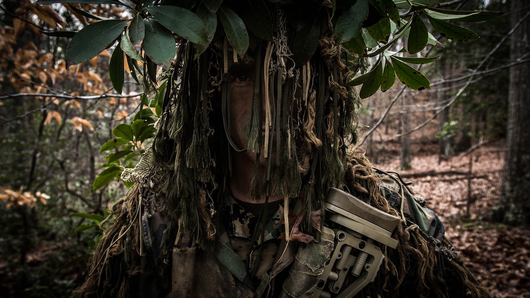 A U.S. Marine assigned to the Scout Sniper School, Weapons Training Battalion, displays the proper methods of concealment during a final exercise at Marine Corps Base Quantico, Virginia, Jan. 19, 2017. The course provides Marines and other services  with Scout Sniper training in preparation for duty as a Scout Sniper within a Scout Sniper Platoon of an infantry battalion, reconnaissance unit and Marine Special Operations Unit. 