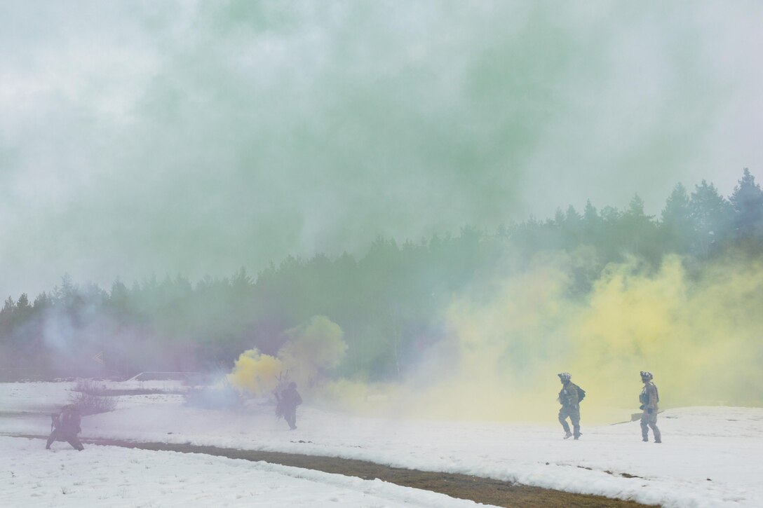 Army paratroopers use a smokescreen to obscure the enemy during a live-fire exercise at Grafenwoehr Training Area, Germany, Feb. 6, 2017. The soldiers are assigned to the 2nd Battalion, 503rd Infantry Regiment, 173rd Airborne Brigade. Army photo by Visual Information Specialist Gerhard Seuffert.

,